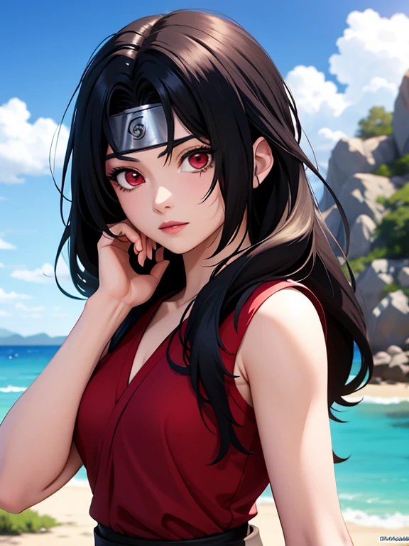 nar_kurenai_yuhi,forehead protection,vendas,cuerpo completoesbiano,ojos rojos,wariza,vestimenta fuera del hombro,escote,