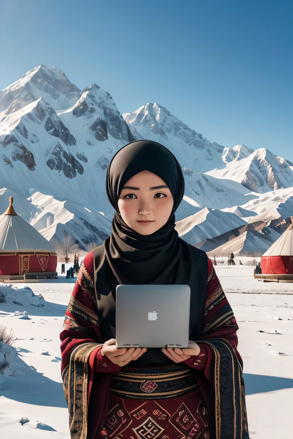 Against the backdrop of a Kyrgyz yurt and mountainous terrain, a woman in a hijab holds a MacBook in her hands. This image combines traditional elements of Kyrgyz culture with modern technology, reflecting the harmony between the past and the present. It illustrates the fusion of cultures and progress, which is an important aspect of modern society