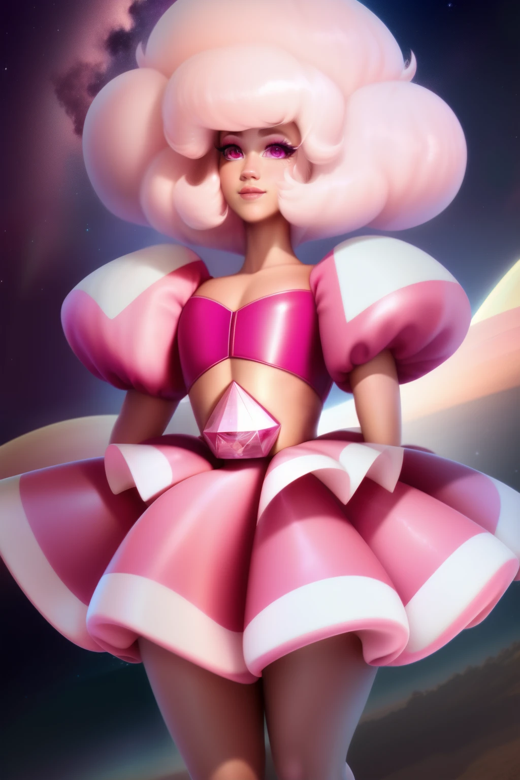 pnkdamond, pink hair, pink eyes, big hair, stomach gem, pink skin, toned,
puffy short sleeves, elbow gloves , white thighhighs, puffy dress,
standing, upper body,
outerspace,
(insanely detailed, beautiful detailed face,beautiful detailed eyes, masterpiece, best quality) cinematic lighting, smile,