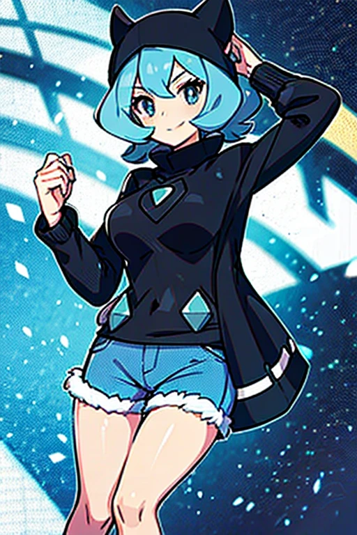 mature woman with short, wavy, light blue hair. wearing a black poncho, black shorts pokemon trainer no hat