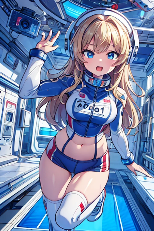 top-quality,Top image quality,in 8K,4K,masterpiece,ultra-detailliert,Beautiful,ultra-quality, best quality,high resolution, ultra-detailed,game cg,dutch angle,(acrobatic pose):5,jumping:5,(inside spacestation,)beautiful detailed eyes,five fingers,headphone,nsfw,a beauty girl,(astrovest):5,(track uniforms),wet,(steam:1.5),Running form,open open mouth,(blonde hair),(long hair):2,Navel,space_station_interior, exercise_room, futuristic, high_technology, zero_gravity_exercise_equipment, high_resolution_landscape, sleek_design, minimalistic, 8K_resolution, game_cg_style, Dutch_angle, detailed_character, track_uniform, perfect_running_form, intense_expression, detailed_eyes, determination, steam:1.5, beauty, strength, five_fingers, visible_navel, open_mouth, ultra_quality, high_resolution, ultra_detailed,astrovest