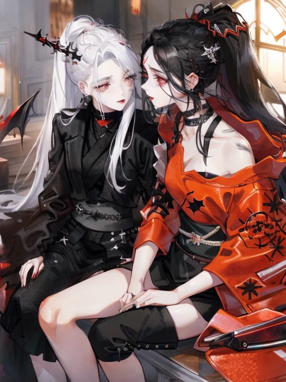 red eyes、Two women kisasterpiece, best quality, high quality, ultra detailed, 1girl, looking at viewer, white hair, gray eyes, black lipstick, black shirt, sitting on a white floor, demon girl, gothcore, 1 7 - year - old, goth girl, japanese gothic, gothic punk style, black metal style, hands on head,.yurikiss、Girl kissing girl、Sex、