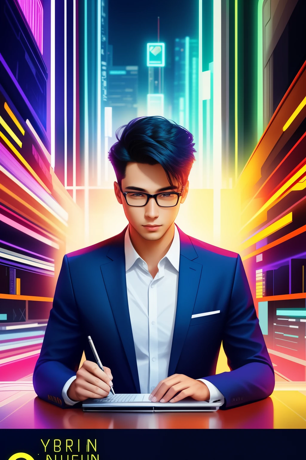 Create a captivating eBook cover illustration that showcases the exciting world of creating and selling digital books online. The image should be vibrant and rich in details, appealing to a male audience within the age range of 15 to 30, who are in search of productive solutions.
Imagine a high-definition, futuristic scene of a man sitting at his laptop, engrossed in writing his first eBook. Behind him, a sprawling digital landscape unfolds – a vast library of glowing books floating amidst a backdrop of neon pixels. The cover should embody a dynamic and energetic atmosphere, evoking feelings of creativity, innovation, and success.
The man wears
