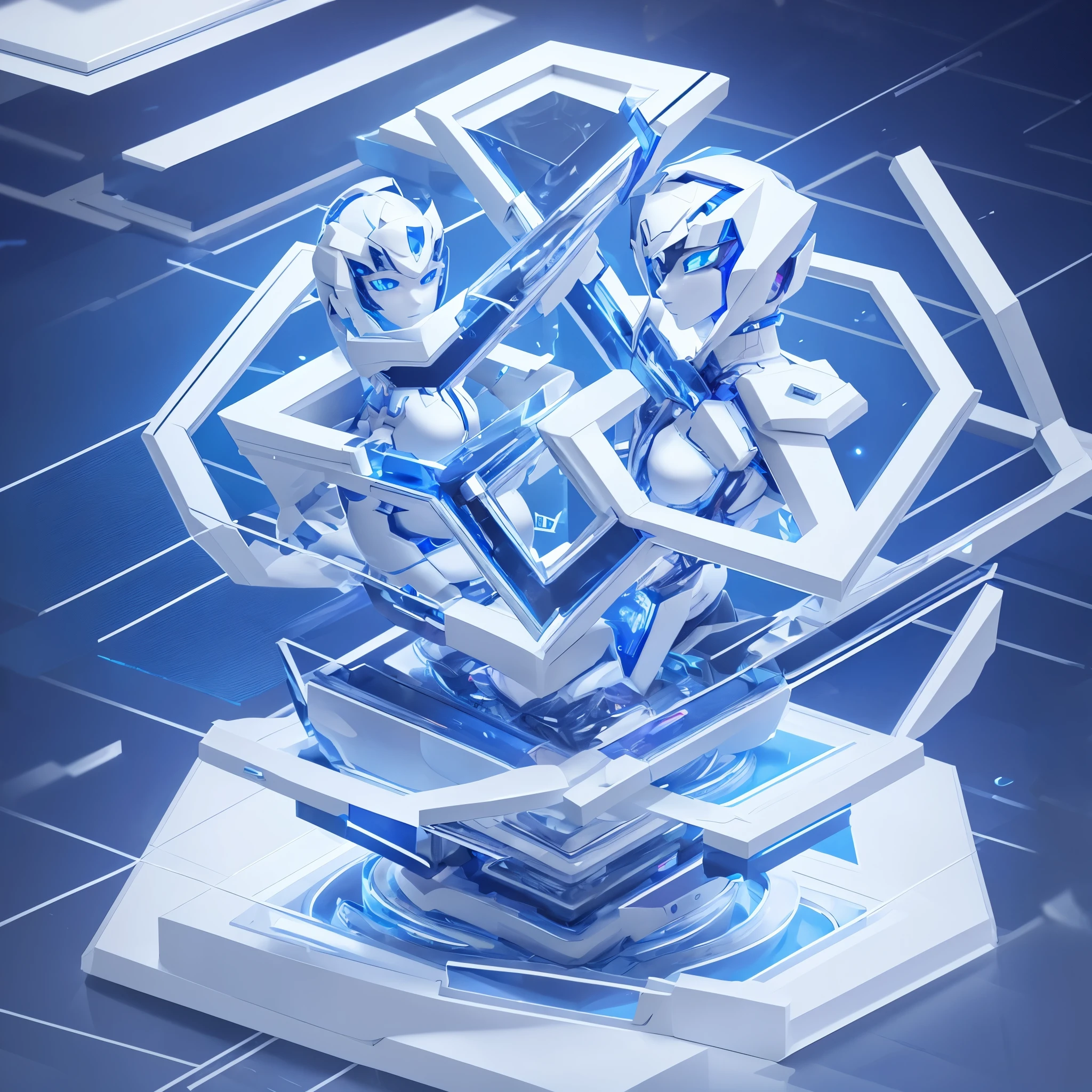 A 3D render of a futuristic sculpture, with two figures intertwined forming the Gemini symbol, made of chrome and glass, reflecting the environment, intricate details, high resolution, digital ar