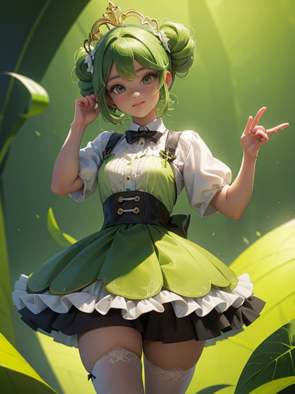 3DMM Style, (masutepiece, Best Quality), Intricate details, 1girl in, Solo, Green hair, flower hair clip, Green dress、a short skirt、Angle from below、 Looking at Viewer,{{{skirt lift by yourself}}}、{{{white panties}}}、pretty Panties、{{Panties exposed}}、{{Deep Camel Toe}}、{{Distinct man muscle}}