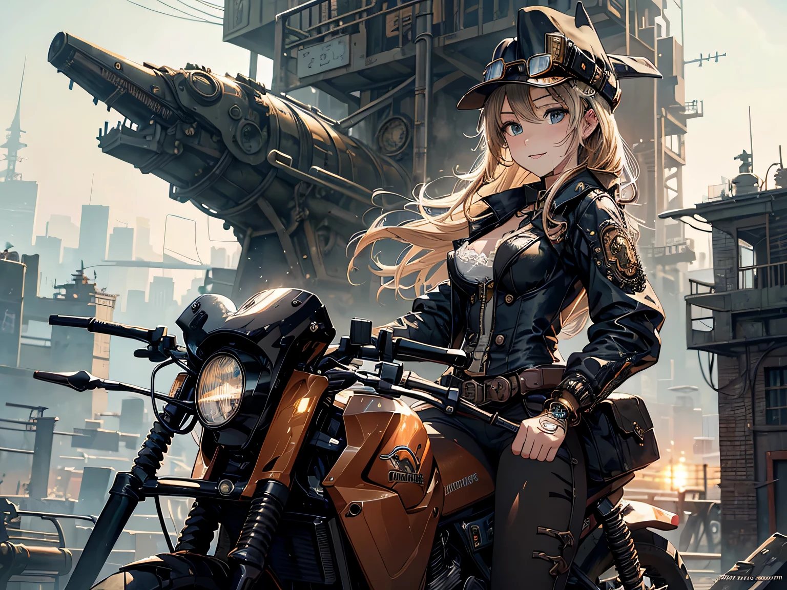 (comic book style),(line drawing_anime),(cowboy shot, highest quality, ),(Laura Budd Photo:1.2),(Laura Add Details:1.0),8k, flat color:0.8,(1 girl,smile 1.5)、(1 Riding a steampunk style bike.5)、(classic style bike 1.5)、(Highly decorative and complex mechanical steampunk fashion, lace flare dolphin hat、goggles 1.5、machinery background、Gear background、Complex mechanized steampunk cityscape 1.5),