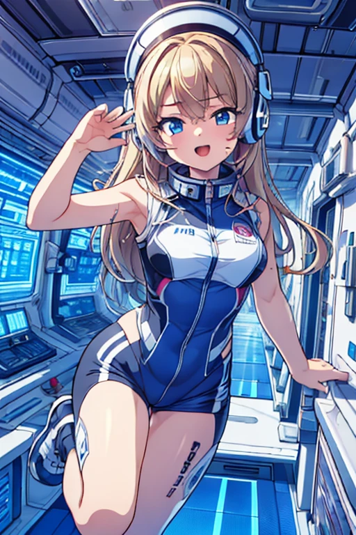 top-quality,Top image quality,in 8K,4K,​masterpiece,ultra-detailliert,Beautiful,ultra-quality, best quality,high resolution, ultra-detailed,game cg,dutch angle,(acrobatic pose):5,jumping:5,(inside spacestation,)beautiful detailed eyes,five fingers,headphone,nsfw,a beauty girl,(astrovest):5,(track uniforms),wet,(steam:1.5),Running form,open open mouth,(blonde hair),(long hair):2,Navel,space_station_interior, exercise_room, futuristic, high_technology, zero_gravity_exercise_equipment, high_resolution_landscape, sleek_design, minimalistic, 8K_resolution, game_cg_style, Dutch_angle, detailed_character, track_uniform, perfect_running_form, intense_expression, detailed_eyes, determination, steam:1.5, beauty, strength, five_fingers, visible_navel, open_mouth, ultra_quality, high_resolution, ultra_detailed,astrovest