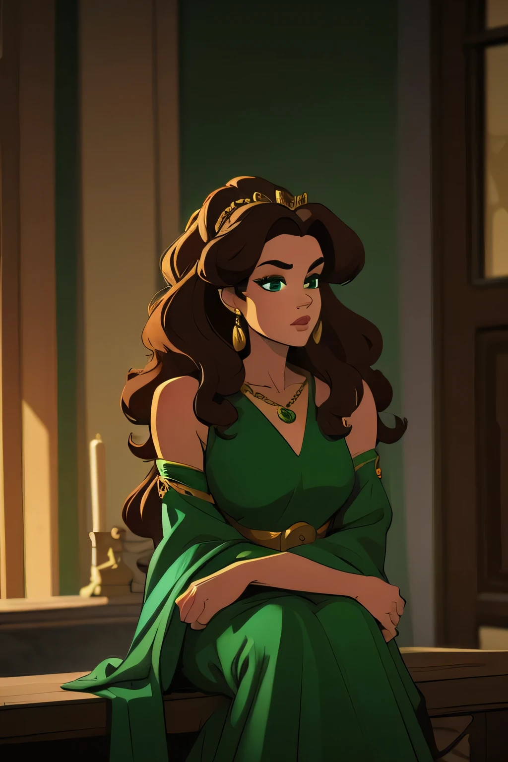 queen Alicent, Alicent, brunette hair, wearing green dress, big hair, wavy hair, sitting on iron throne room, reiq style, best quality, sexy pose