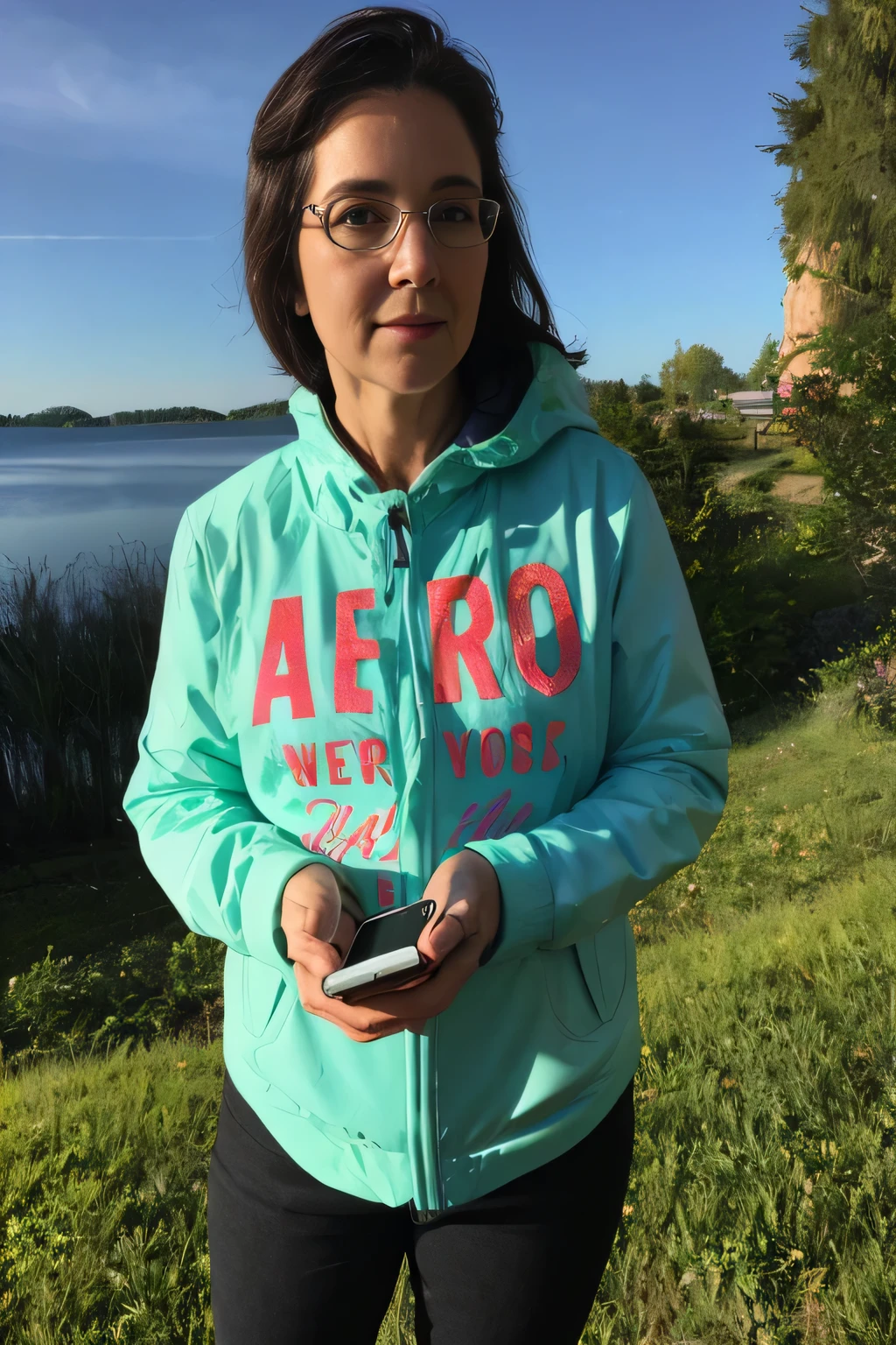 woman in a blue jacket holding a cell phone in front of a lake, she is holding a smartphone, super high resolution, very high resolution, back photo, side photo, 40-something woman, profile photo, 40-something woman years, profile photo. She is about 45 years old. Full body photo, clear photo, high quality, high resolution, masterpiece, 8K.