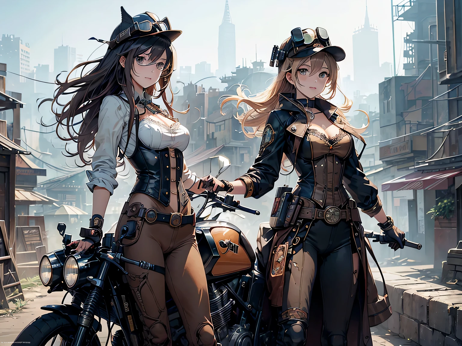 (comic book style),(line drawing_anime),(cowboy shot, highest quality, ),(Laura Budd Photos:1.2),(Laura Add Details:1.0),8K, flat color:0.8,1 girl,smile、(Steampunk bike ride 1.5)、Exquisitely decorated motorcycle、(Highly decorative and complex mechanical steampunk fashion, lace flare dolphin hat、goggles 1.5、machinery background、Gear background、Intricately mechanized steampunk cityscape 1.5),