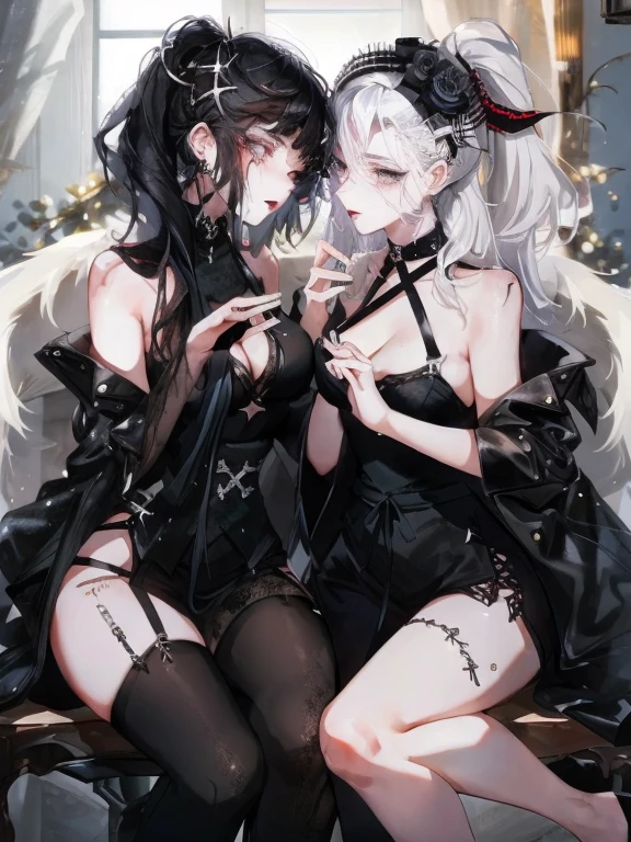 Two women kisasterpiece, best quality, high quality, ultra detailed, 1girl, looking at viewer, white hair, gray eyes, black lipstick, black shirt, sitting on a white floor, demon girl, gothcore, 1 7 - year - old, goth girl, japanese gothic, gothic punk style, black metal style, hands on head,.yurikiss、Girl kissing girl、Sex、