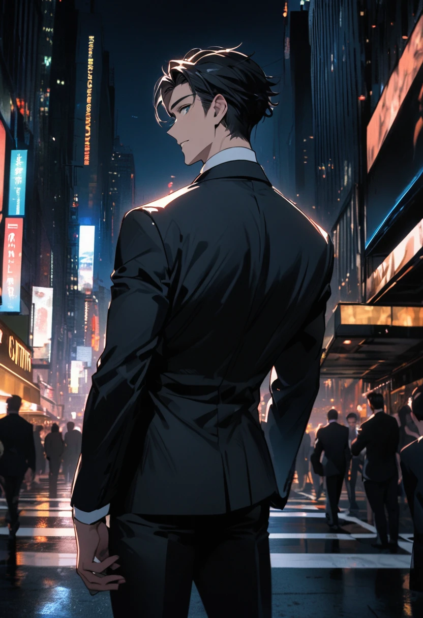 A handsome man with a black hairstyle is wearing a black suit. standing with back In New York city at night
