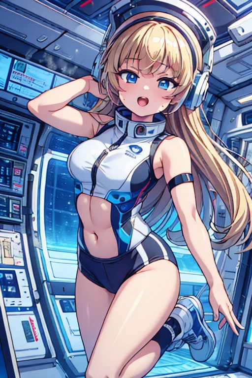 top-quality,Top image quality,in 8K,4K,masterpiece,ultra-detailliert,Beautiful,ultra-quality, best quality,high resolution, ultra-detailed,game cg,dutch angle,(acrobatic pose):5,jumping:5,(inside spacestation,)beautiful detailed eyes,five fingers,headphone,nsfw,a beauty girl,(astrovest):5,(track uniforms),wet,(steam:1.5),Running form,open open mouth,(blonde hair),(long hair):2,Navel,space_station_interior, exercise_room, futuristic, high_technology, zero_gravity_exercise_equipment, high_resolution_landscape, sleek_design, minimalistic, 8K_resolution, game_cg_style, Dutch_angle, detailed_character, track_uniform, perfect_running_form, intense_expression, detailed_eyes, determination, steam:1.5, beauty, strength, five_fingers, visible_navel, open_mouth, ultra_quality, high_resolution, ultra_detailed,astrovest