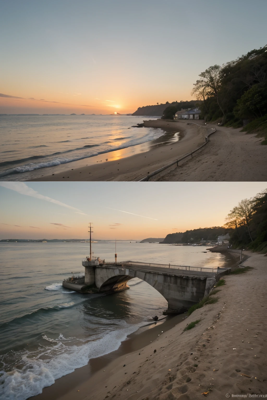 Orange sunset on the beach with boat in the sea and a bridge in the background