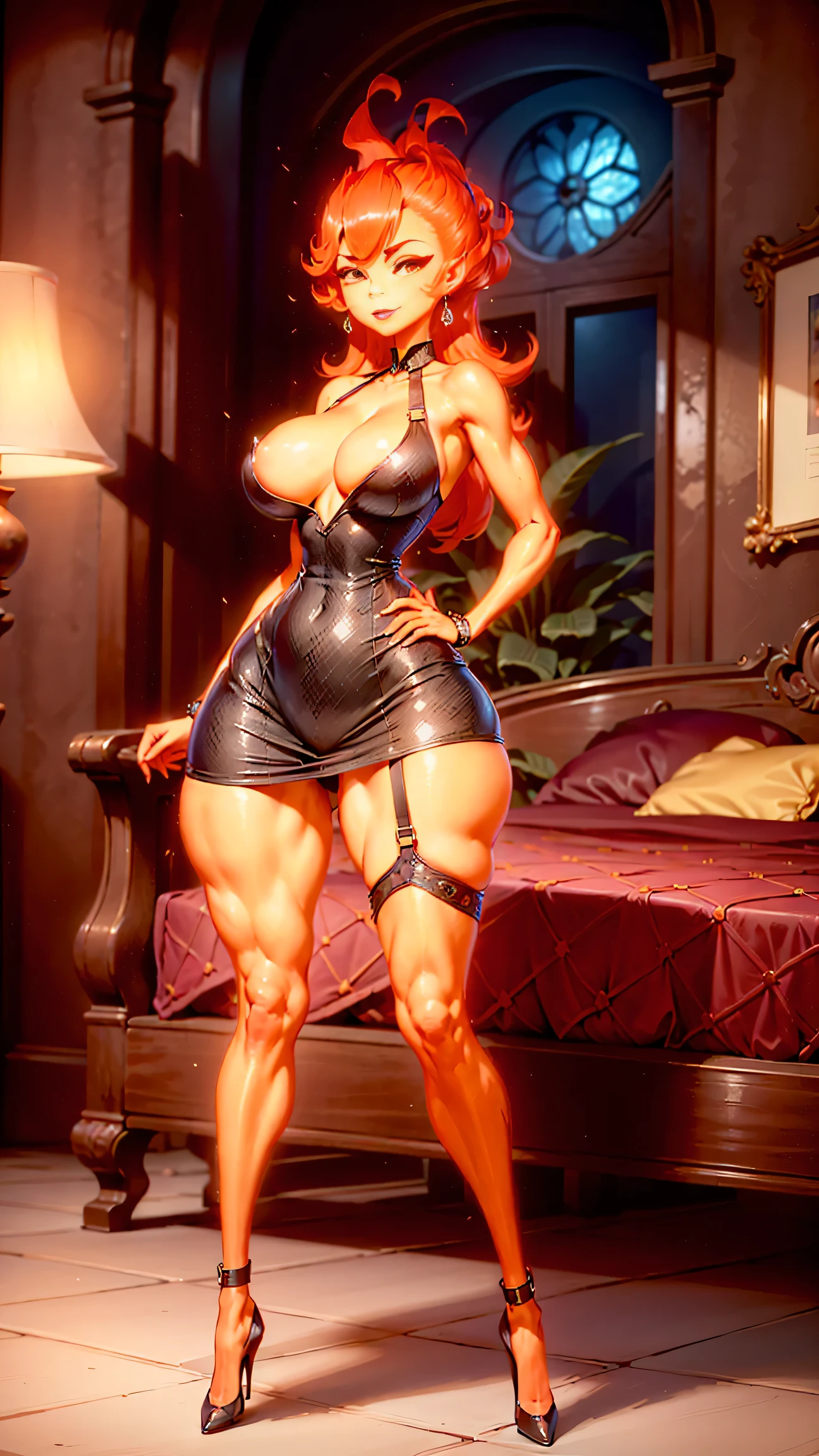 ((Detailed, masterpiece, high definition, best quality)) Ember, girl made of fire, wide hips, big ass, big breasts, ((full body)), seductive, seductive look, seductive look on face, seductive sexy stance, seductive dark tight dress, arm sleeves, tight highs, wanting to mate, ((detailed)) bedroom, slightly seductively bend over with spreaded legs, tall