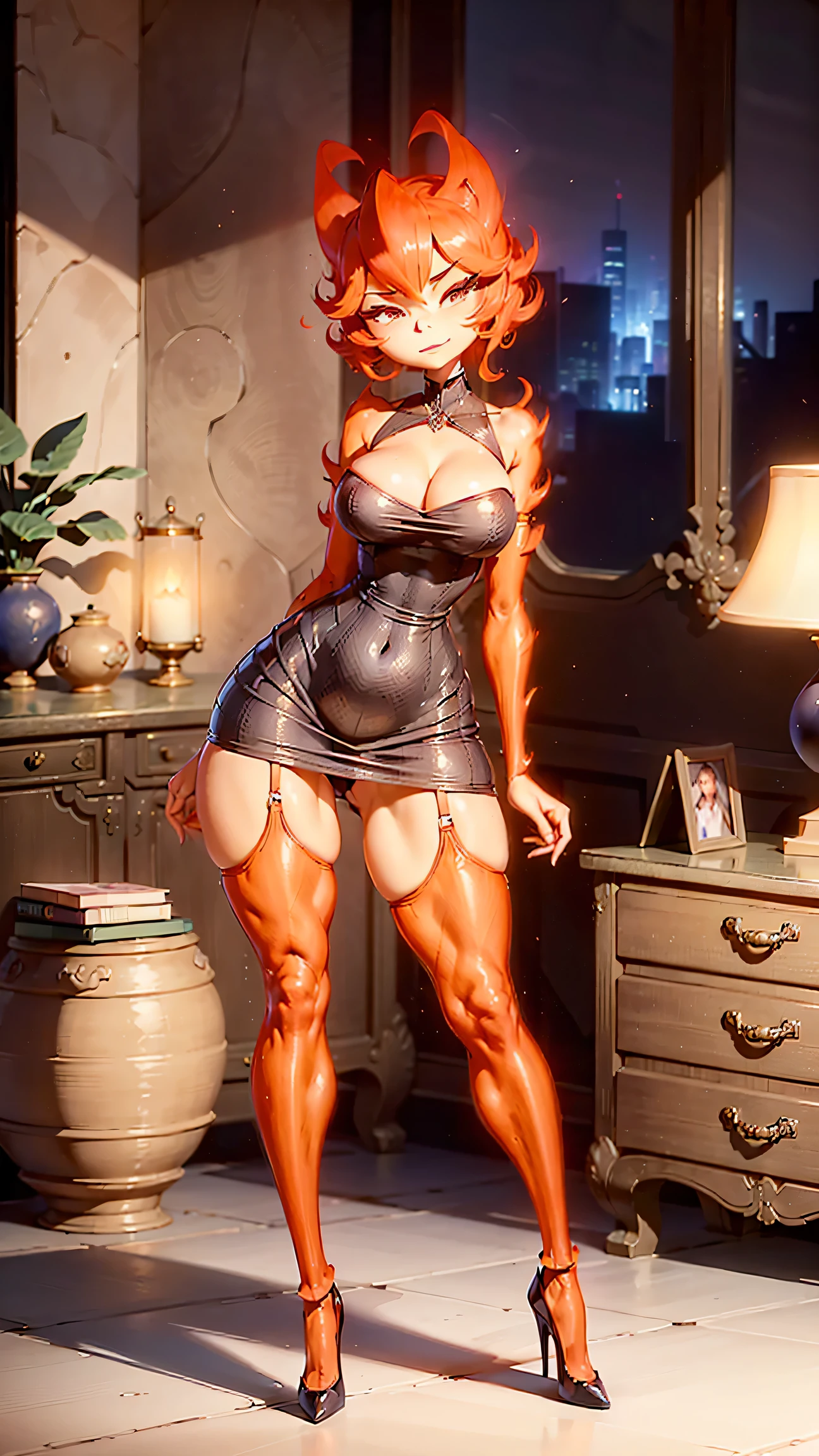 ((Detailed, masterpiece, high definition, best quality)) Ember, girl made of fire, wide hips, big ass, big breasts, ((full body)), seductive, seductive look, seductive look on face, seductive sexy stance, seductive dark tight dress, arm sleeves, tight highs, wanting to mate, ((detailed)) bedroom, slightly seductively bend over with spreaded legs, tall