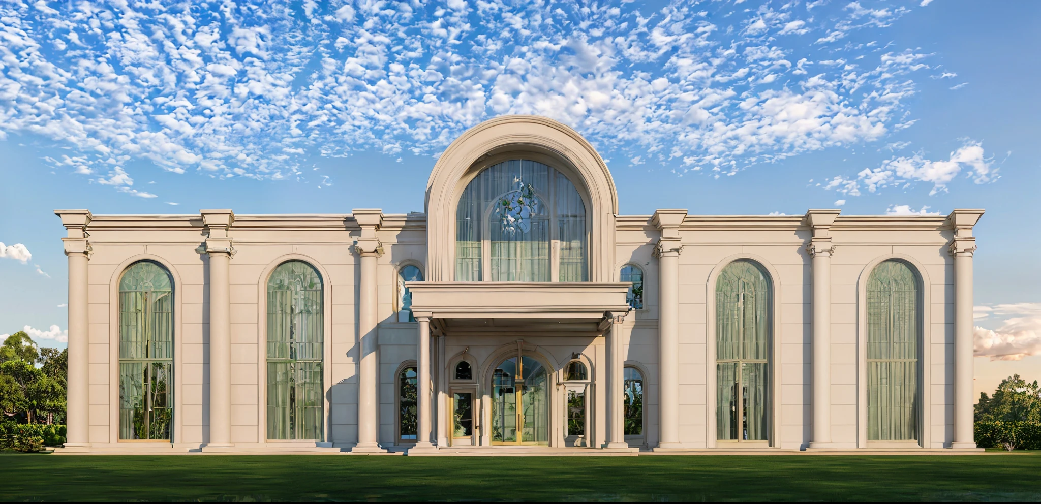 ultra realistic, masterpiece, best quality, raw photo, supper detail, 8k, exterior scene, blue sky with few clouds, neoclassical style, Glass dome doors and windows alternate with solid walls, fresh scenery with green trees and flowers in front of the house , 2 floors, symmetry