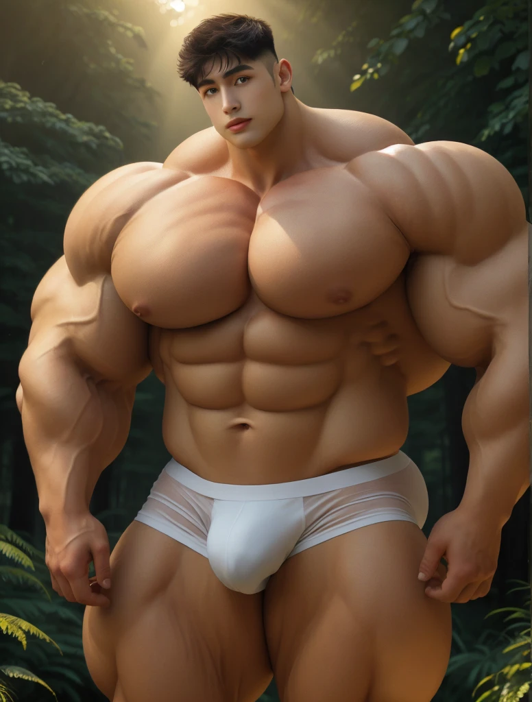 1boy, giant, model shoot style, looking at viewer, standing, illuminating light, golden hour, outdoor, strong body, bulk, large size, heavyweight, standing, in the forest, white triangular underwear, prominent bulge, brutalmass