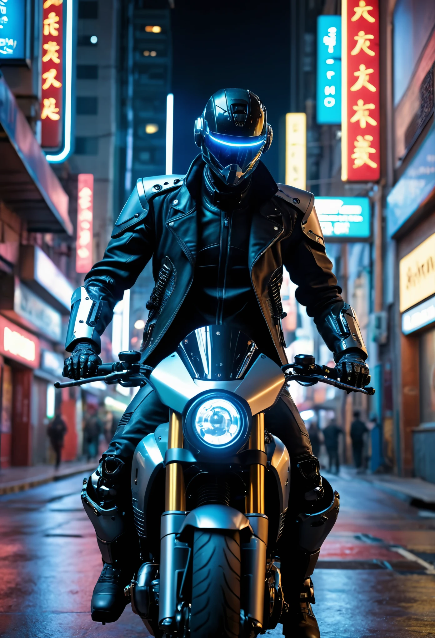 (foto retrato de (chico fatal:1.4) (riding a motocicleta, en traje futurista:1.2)), (chico fatal riding a motocicleta:1.1), (mirando a la camara:1.1), (mirando al espectador:1.1), dramatic lighting, ((mechanical prosthetics, manos de robot)), action pose, (motocicleta), ROMPER, dynamic, vibrante, action packed, detailed character design, (professional photo of chico fatal:1.2), (extremely detailed chico fatal face:1.4), (chico fatal riding a motocicleta:1.3), 1 hombre, ciberpunk clothing, ciberpunk, (ciberpunk background:1.2), (extremely detailed ciberpunk background:1.3), extremely antecedentes detallados, ciberpunk body modification, ciberpunk 2077 body modification, (neon city background), ciberpunk suit, robot, Science fiction, solo, cuerpo completo, alambres y cables, sharp focus, natural lighting, ciberpunk reimagined, neon lights, action pose, vistoso, colores brillantes, Science fiction, a dystopian ciberpunk city, neon, ciberpunk 2077, (ciberpunk 2077 cityscape), arte de Masamune Shirow,soft neon light, cinematographic, vivid details, Features of bionic robotics, (obra maestra, Hyper realistic, Mejor calidad:1.2), arte oficial, Fondo de pantalla CG unity 8k extremadamente detallado, antecedentes detallados, Mejor calidad, ojos expresivos, cara perfecta, Ojos perfectos, perfect ???????, ojos y rostro extremadamente detallados, mirando al espectador, antecedentes detallados, ropa detallada, cinematographic lighting, hermoso 8k, obra maestra, Mejor calidad, alta calidad, HDR, photography by cosmicwonder, High Definition, symmetrical face, volumetric lighting, 24mm, 4k, DSLR, alta calidad, ultra realista,