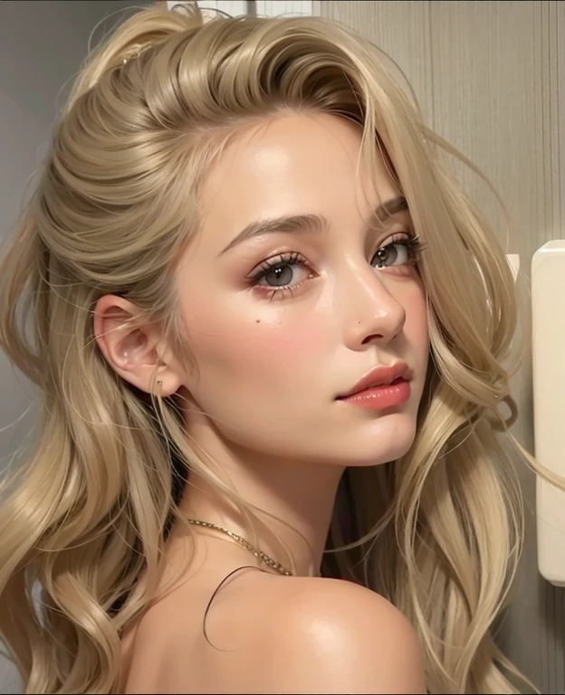 A woman with flawless skin, clara e radiante, com textura suave e um brilho natural, oval face with high, prominent cheekbones, a defined jawline, mas suave, um contorno facial suave e bem definido, sem ser muito angular ou demasiadamente arredondado, um sorriso amplo e cativante, como o de Julia Roberts, full and sensual lips, nariz delicado e proporcional ao rosto, com narinas pequenas e elegantes, queixo levemente pontiagudo que complementa a forma oval do rosto, olhos grandes, expressivos em formato amendoado como os de Margot Robbie, azuis gelo, with long, full eyelashes, sobrancelhas bem definidas e levemente arqueadas, orelhas delicadas e proporcionais ao rosto, uma testa suavemente inclinada, algumas sardas leves nas bochechas; cabelos loiros, dourados, levemente cacheados.