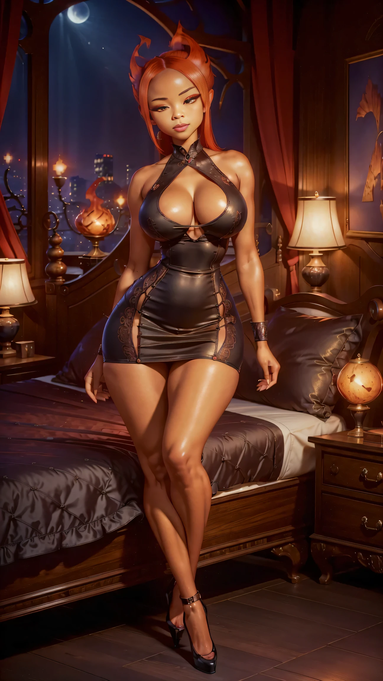 ((Detailed, masterpiece, high definition, best quality)) Ember, girl made of fire, wide hips, big ass, big breasts, ((full body)), seductive, seductive look, seductive look on face, seductive sexy stance, seductive dark tight dress, arm sleeves, tight highs, wanting to mate, ((detailed)) bedroom, slightly seductively bend over with spreaded legs, tall