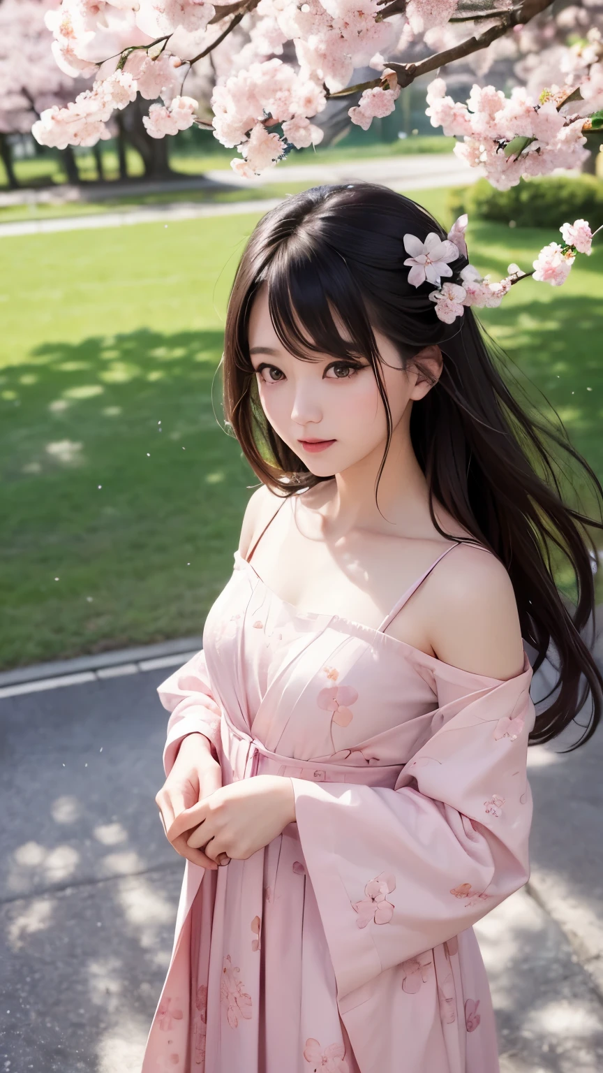 (A logo、masterpiece、8K、masutepiece、Raw photo、Fantastic、Best Quality、Photorealistic and ighly detailed CG integrated 8k wallpaper、hightquality、ighly detailed、epic poem、Particle effect、Dynamic effects、depth of fields、Cinematic Light、Lens Flare、Ray tracing)、Fantasia、 (Beauty 1 person、doress、Dress、Cherry blossom pattern、A dark-haired、Beautiful face、Real Face、beautiful details eyes beautiful skin)、my hair dances in the wind、Hair flutters in the wind、Hair jumps、Pink cherry blossom tree、Petals flutter、Sakura blizzard、Superb view、morning glow、Sun in the background、the wind、