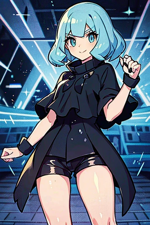 mature woman with short, wavy, light blue hair. wearing a black poncho, black shorts pokemon battle
