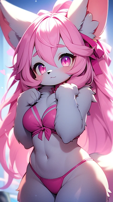 1 girl, anthro fox girl, pastel pink furry skin, pink hair, curvy figure, thick thighs, long pink ribbons on its head, pink heart pupils, skimpy pink bikini, dumb and lewd face, pink heart eyes