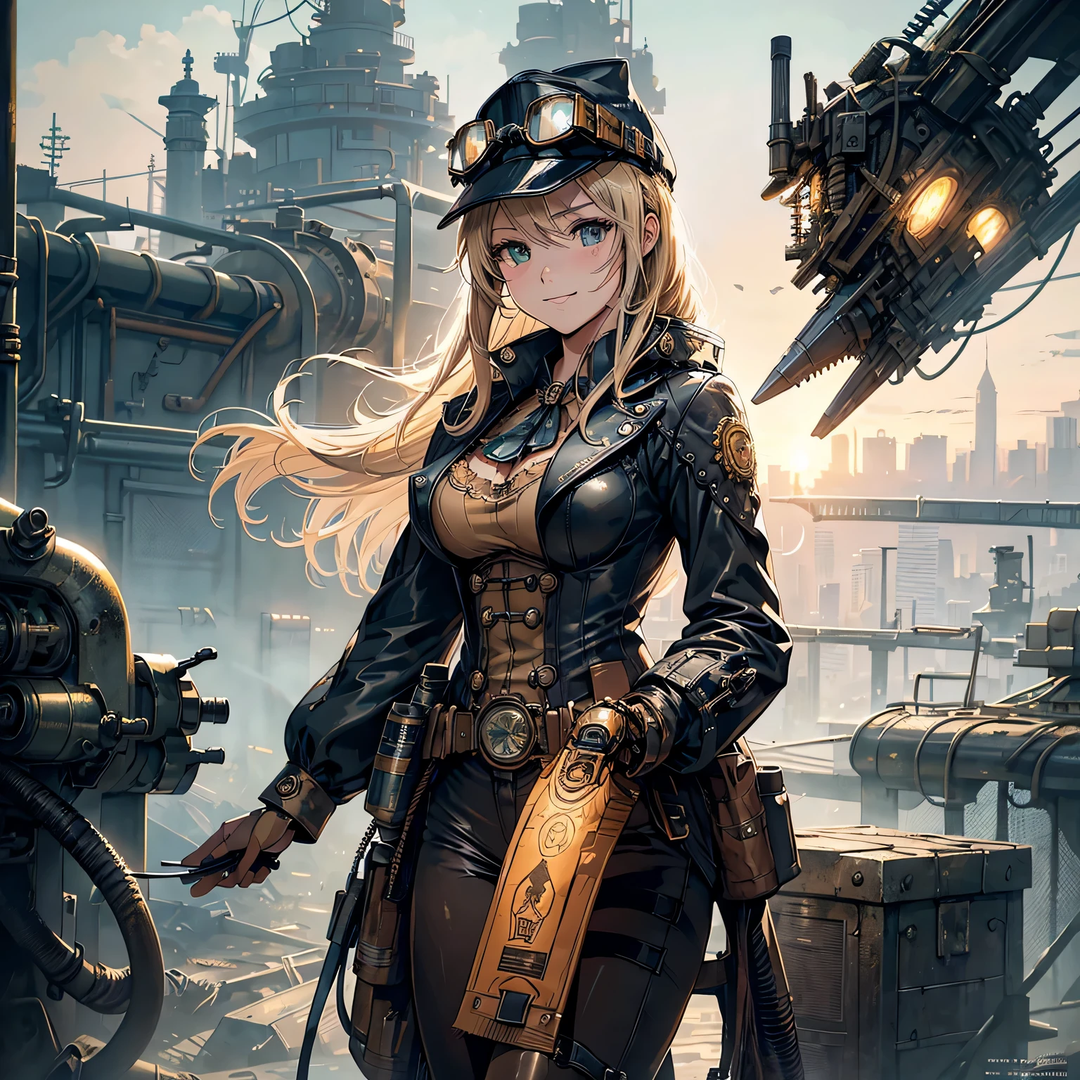 (comic book style),(line drawing_anime),(cowboy shot, highest quality, ),(Laura Budd Photos:1.2),(Laura Add Details:1.0),8K, flat color:0.8,1 girl,smile、(Steampunk bike ride 1.5)、Exquisitely decorated motorcycle、(Highly decorative and complex mechanical steampunk fashion, lace flare dolphin hat、goggles 1.5、machinery background、Gear background、Intricately mechanized steampunk cityscape 1.5),
