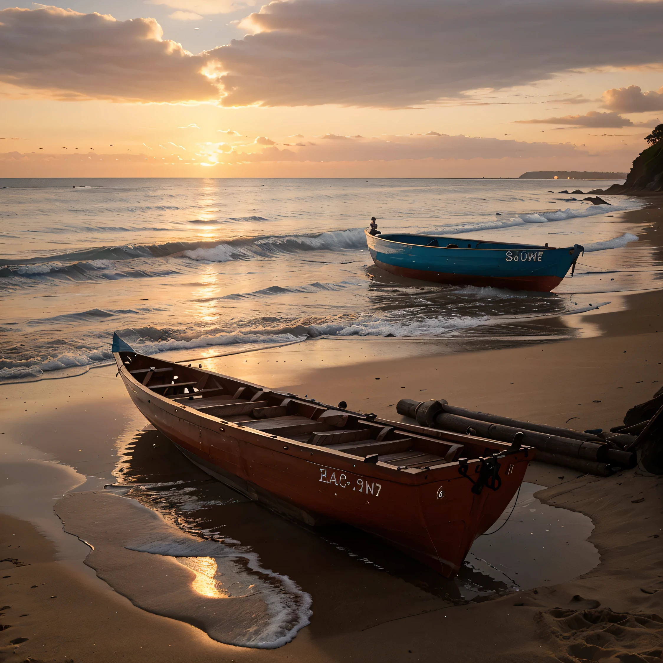 sunset on a beach with a little boat in the sea and a wooden bridge in the background