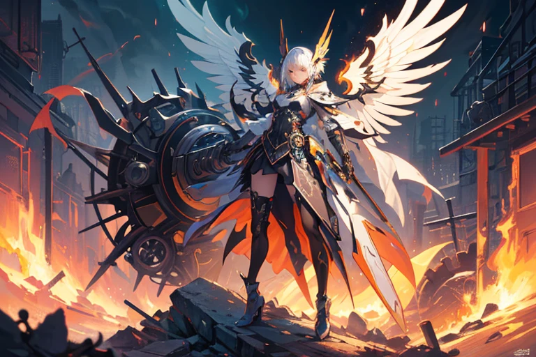 (mechanical angel), mechanical wings with gears extended, detailed face, (devious and beautiful), (machine-made:1.6), cinematic light, Science fiction, surreal, apocalypse, full body, (CG illustration), (Highly detailed), (high resolution), (Best quality), (masterpiece)