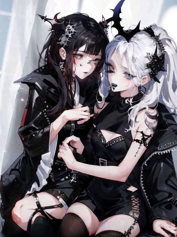 beautiful eyes、Two women kisasterpiece, best quality, high quality, ultra detailed, 1girl, looking at viewer, white hair, gray eyes, black lipstick, black shirt, sitting on a white floor, demon girl, gothcore, 1 7 -  - old,th girl, japanese gothic, gothic punk style, black metal style, hands on head,.yurikiss、Girl kissing girl、Sex、