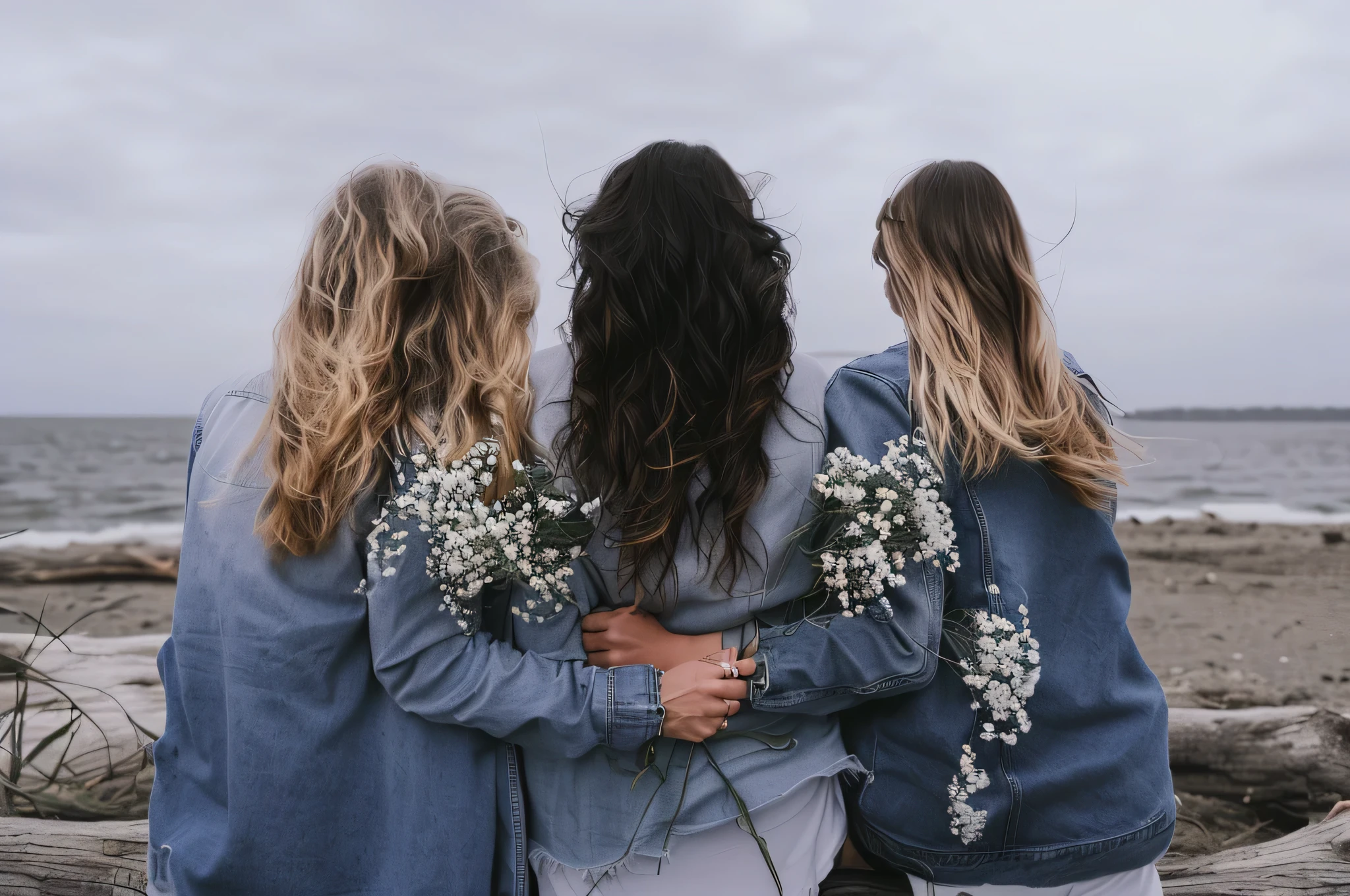 three women are sitting on a log with flowers in their hands, 3 young and beautiful women, floeers in hair, beautiful girls, 3 sisters looking in the mirror, wear denim jackets, Young woman, in a sweatshirt and flowers, young girls, holding flowers, life truth, with flowers, Faceless people, three women, cute girls