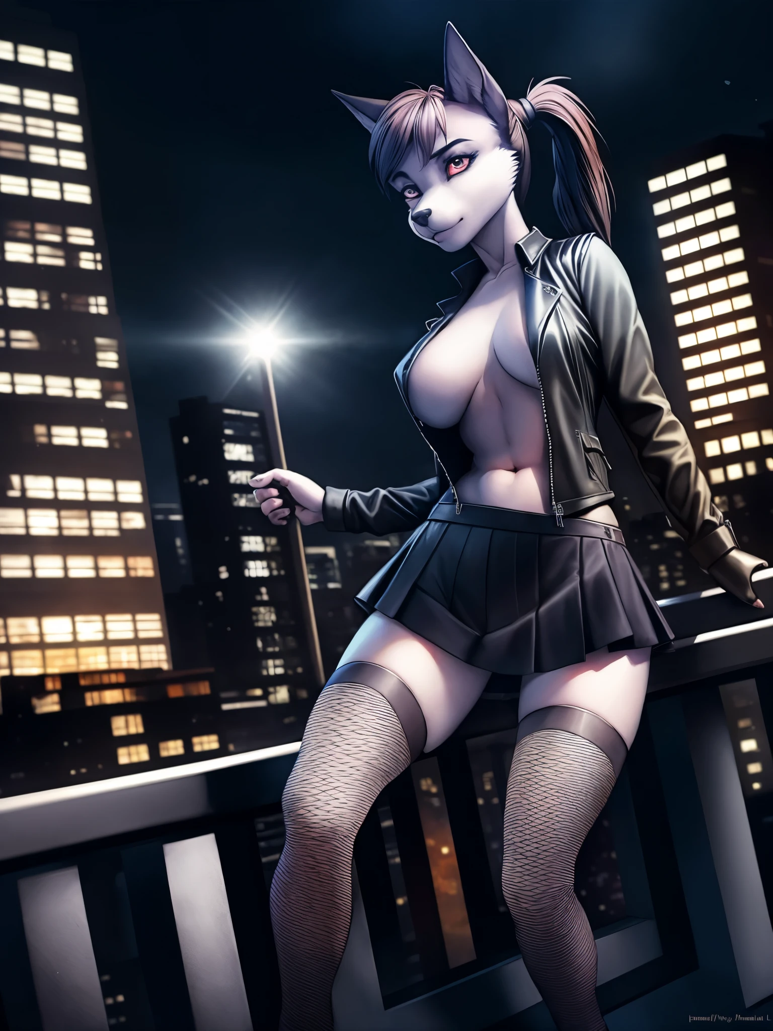 from Iskra, от Wolfy-Nail, for dating, Hell of a boss, for her Hellhound, for her, Female, (detailed), large bare open chest, erect nipples, mini skirt, short leather unbuttoned vest, hairstyle with ponytails on the sides of the head, torn fishnet stockings, high heels, whore, viewer's gaze, fluffy, one, 1 girl, A high resolution, Photorealistic, prepare, Confused look, ((clear structural details)), detailed realism, slim, soft, 4K, Excellent quality, High detail, (seductive), detailed fur, in the city park, walks flirtatiously, long slender legs, At night, flashlight, full moon