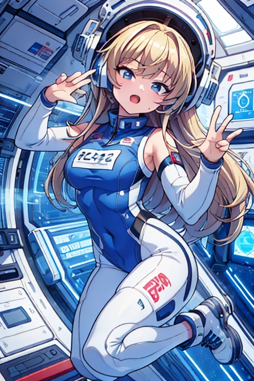 top-quality,Top image quality,in 8K,4K,masterpiece,ultra-detailliert,Beautiful,ultra-quality, best quality,high resolution, ultra-detailed,game cg,dutch angle,(acrobatic pose):5,jumping:5,(inside spacestation,)beautiful detailed eyes,five fingers,headphone,nsfw,a beauty girl,(astrovest):5,(track uniforms),wet,(steam:1.5),Running form,open open mouth,(blonde hair),(long hair):2,Navel,space_station_interior, exercise_room, futuristic, high_technology, zero_gravity_exercise_equipment, high_resolution_landscape, sleek_design, minimalistic, 8K_resolution, game_cg_style, Dutch_angle, detailed_character, track_uniform, perfect_running_form, intense_expression, detailed_eyes, determination, steam:1.5, beauty, strength, five_fingers, visible_navel, open_mouth, ultra_quality, high_resolution, ultra_detailed,astrovest