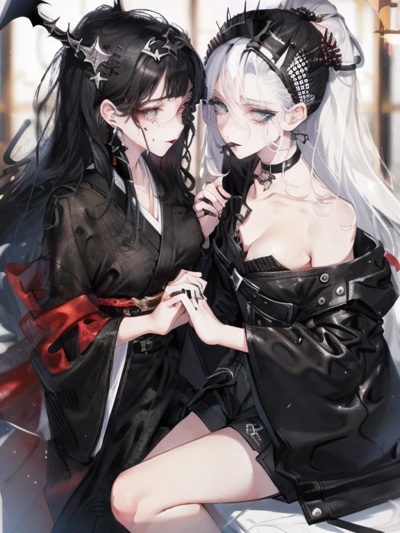 beautiful eyes、Two women kisasterpiece, best quality, high quality, ultra detailed, 1girl, looking at viewer, white hair, gray eyes, black lipstick, black shirt, sitting on a white floor, demon girl, gothcore, 1 7 - year - old, goth girl, japanese gothic, gothic punk style, black metal style, hands on head,.yurikiss、Girl kissing girl、Sex、