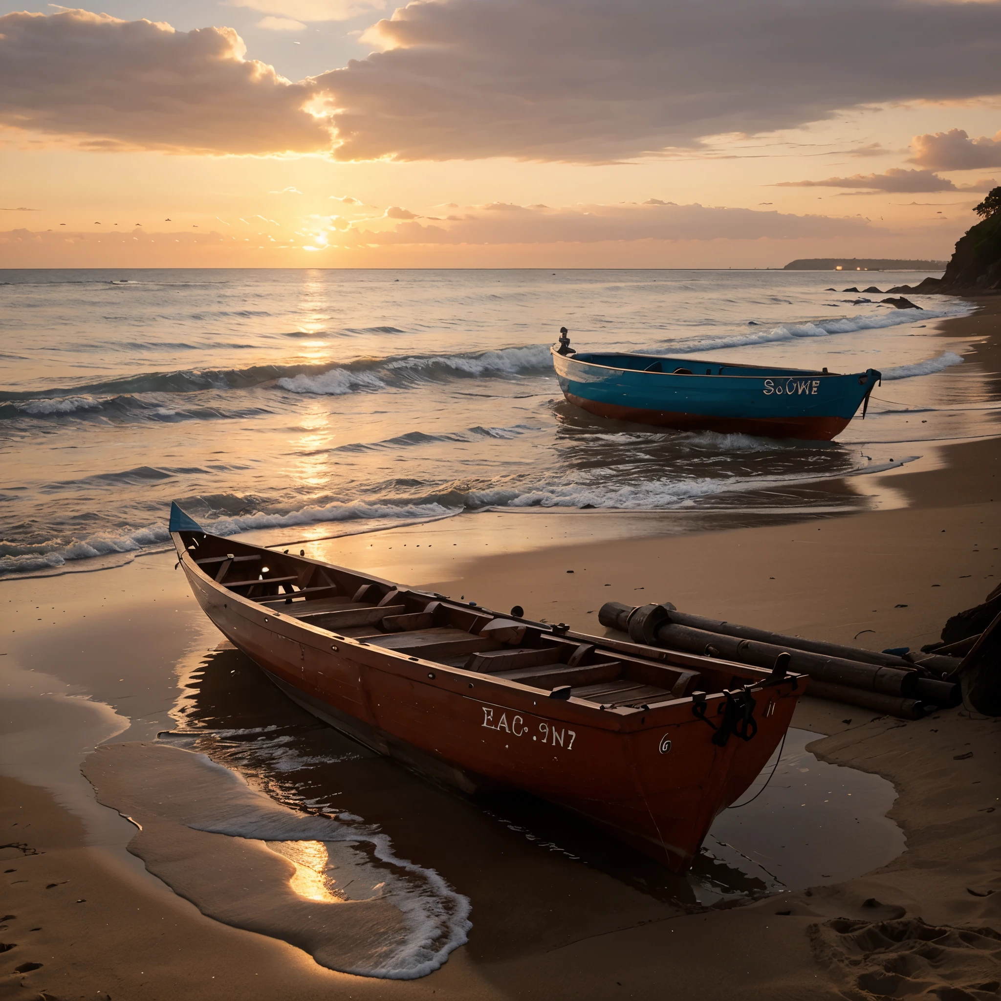 sunset on a beach with a little boat in the sea and a wooden bridge in the background