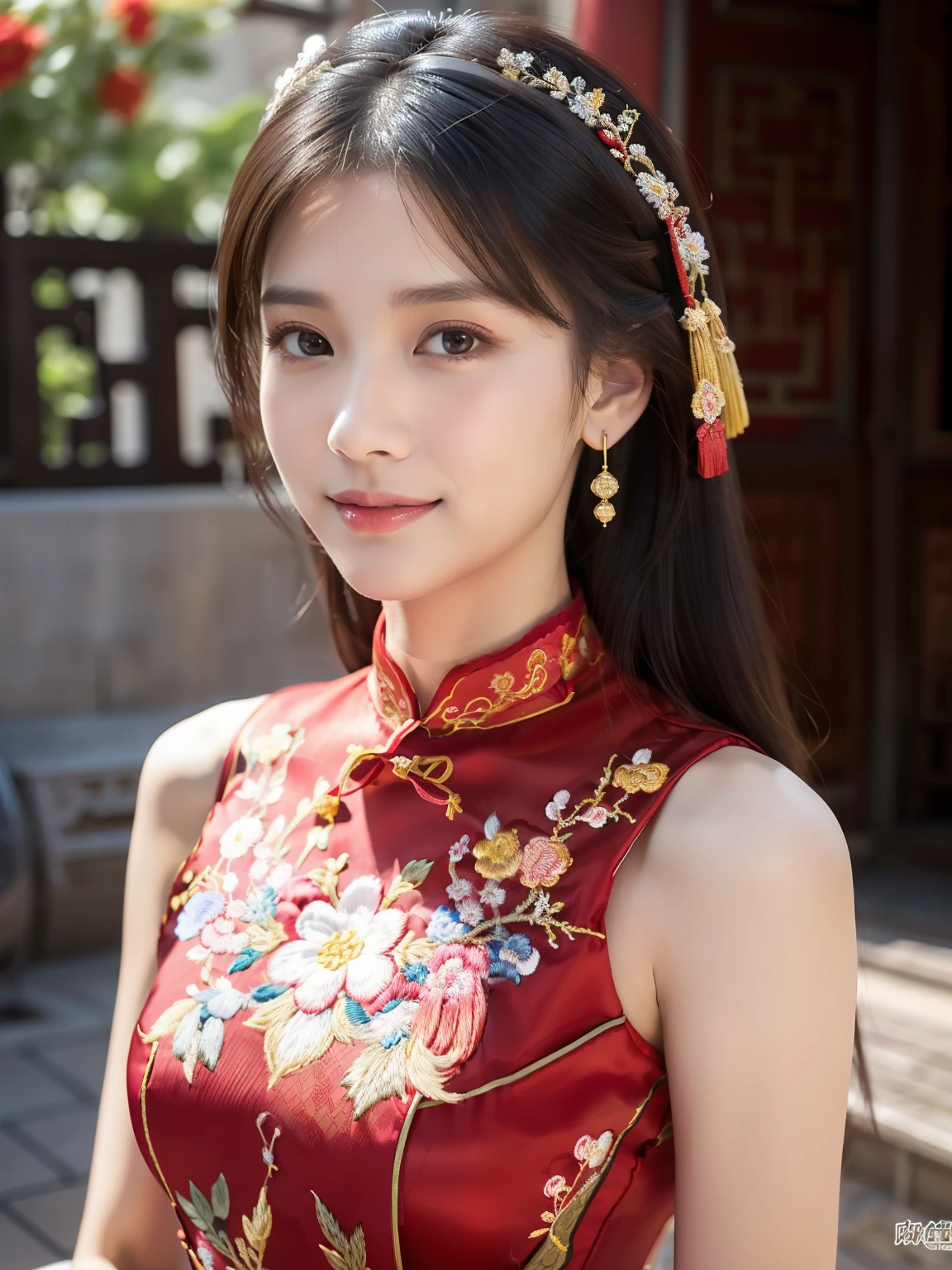 Ulchan-6500-v1.1, (Raw photo:1.2), (Photoreal:1.4), Delicate beautiful girl,The sparkling eyes have a very nice atmosphere...,18-year-old, Attractive eyes and moist lips,long black hair,(smile:1.3),detailed depiction of the face,Formula details,Detailed depiction of facial features Star Masterpiece Fine Detail,Please explain your role in detail,Detailed depiction of hair,carefully drawn ,My body is bumpy,Detailed depiction of hands,detailed costumes,detailed depiction of the face,perfect face,Detailed depiction of hands drawn by the military,4 fingers and 1 thumb:1.3),orthofacial,choker necklace,lipstick,ear drops,3/4 photo,works of masters,extremely close to reality,(upper body photo:1.3),best image quality,best quality,endless details,8K resolution,(((Beautiful patterned embroidered cheongsam 1.3))),(((red cheongsam))),(ancient courtyard scene:1.3),((whole body)), Turning Body,