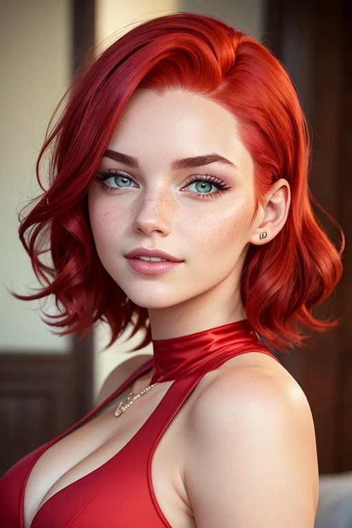 creates the face of a 20 year old girl, ((portrait)), mature face, blue eyes, thin eyebrows, no freckles, nose defined, lipstick staining her lips, smiling and sexy look, (wavy, red to crimson gradient hair, with pink undercut hair, red hair roots), very tall and athletic, big breasts, looking directly at the camera, in the foreground, UHD, wearing a sleek red dress that complements her hair color, showing off her shoulders and neck, accentuated with elegant jewelry, showing some cleavage, is a Instagram influencer, anatomically correct, expressing confidence and allure