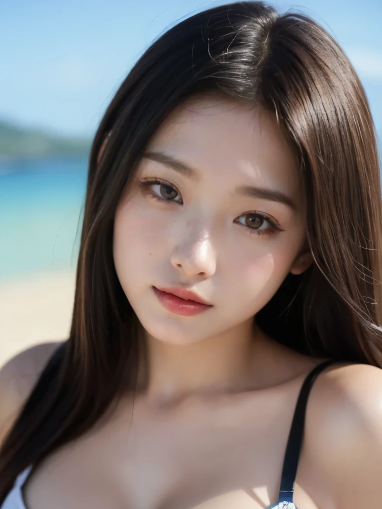 (masterpiece:1.2, highest quality), blur the background,Photographed with a wide-angle single focus lens,1 high school girl, (big boobs), close your eyes, brown hair,bright eyes,face turns red,Highly detailed face and skin texture, healthy skin,Make a kissing face, (beach),4K resolution