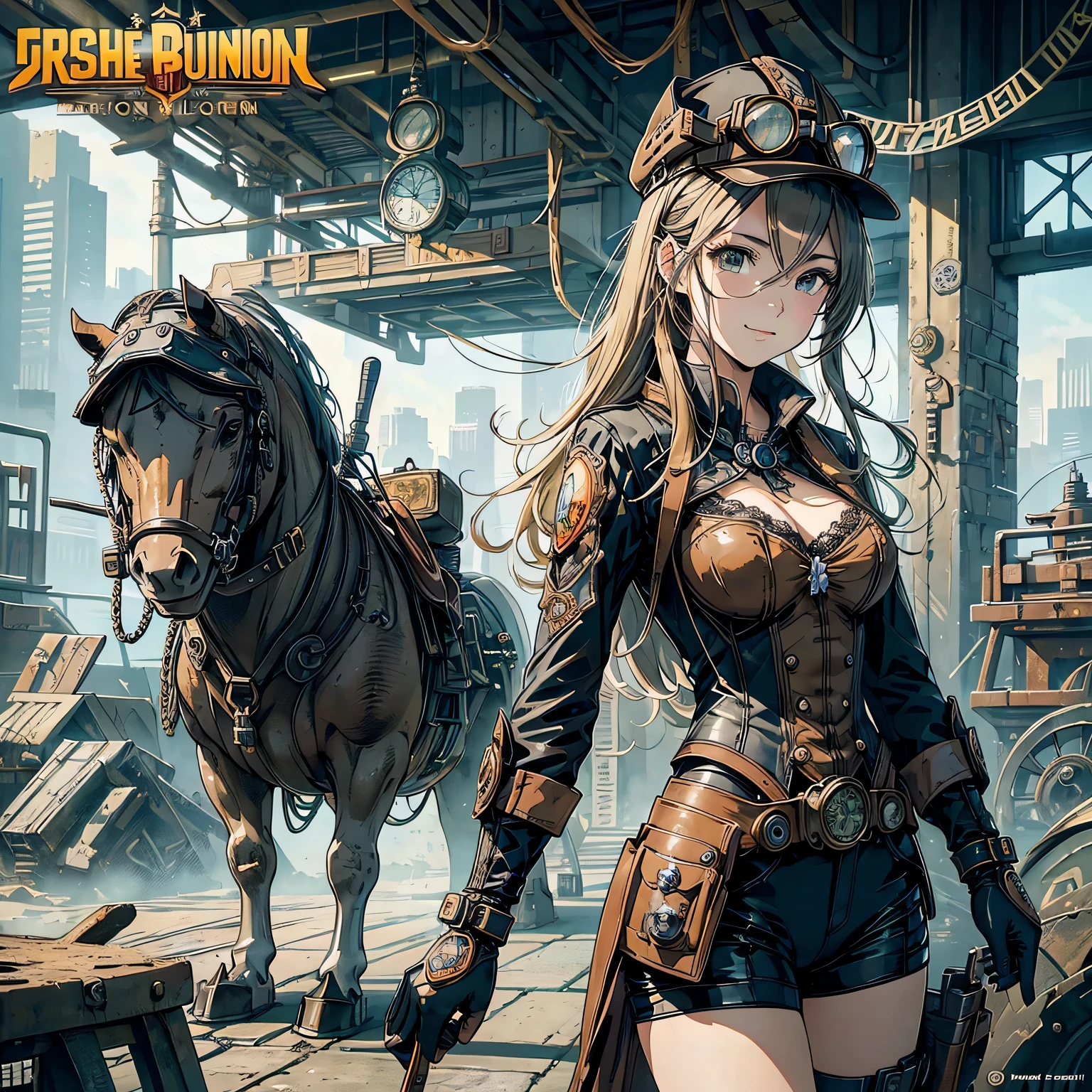 (comic book style),(line drawing_anime),(cowboy shot, highest quality, ),(Laura Budd Photos:1.2),(Laura Add Details:1.0),8K, flat color:0.8,1 girl,smile、(Steampunk bike ride 1.5)、Exquisitely decorated motorcycle、(Highly decorative and complex mechanical steampunk fashion, lace flare dolphin hat、goggles 1.5、machinery background、Gear background、Intricately mechanized steampunk cityscape 1.5),