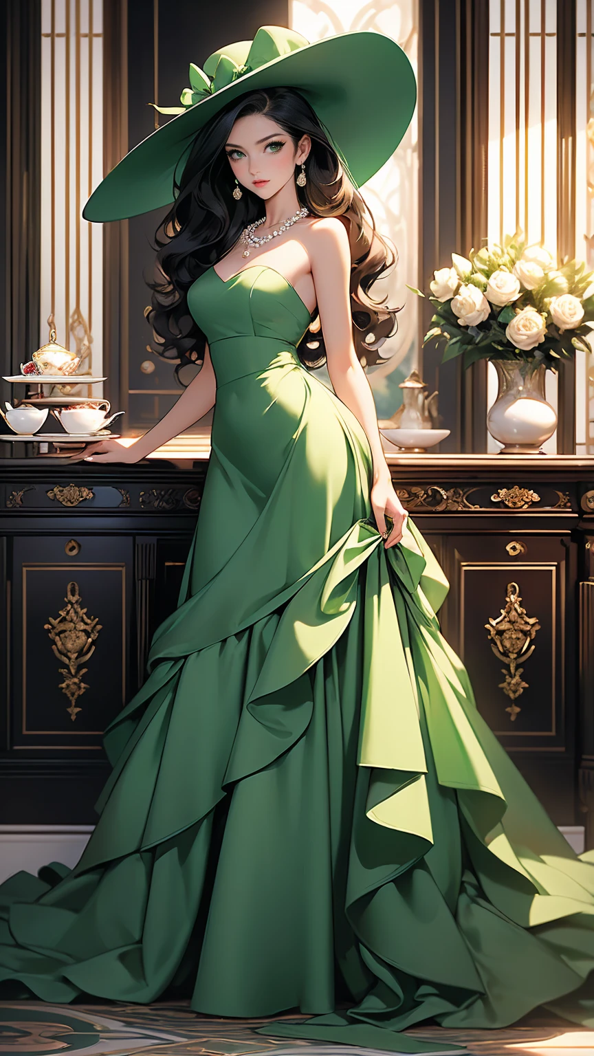 (masterpiece, Best quality, A high resolution, ultra detailed),(beautiful and aesthetically pleasing:1.2), (1 woman), adult, perfect body, wavy black hair, ((green eyes)), detailed eyes and face, (full body), Elegant Afternoon Tea Attire: Midi dress, Kitten heels, Pearl necklace, Structured handbag, Wide-brim hat, Soft curls hairstyle
