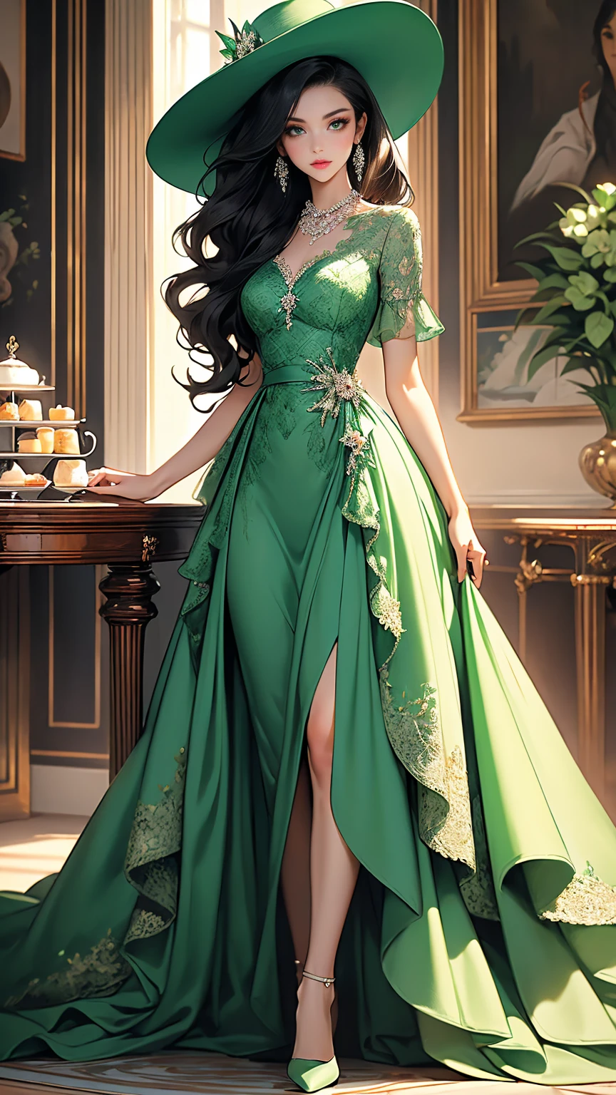 (masterpiece, Best quality, A high resolution, ultra detailed),(beautiful and aesthetically pleasing:1.2), (1 woman), adult, perfect body, wavy black hair, ((green eyes)), detailed eyes and face, (full body), Elegant Afternoon Tea Attire: Midi dress, Kitten heels, Pearl necklace, Structured handbag, Wide-brim hat, Soft curls hairstyle