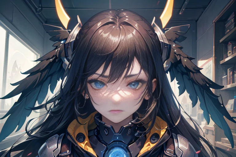 (mechanical angel), mechanical wings with gears extended, detailed face, proportional face, (devious and beautiful), (machine-made:1.6), cinematic light, Science fiction, surreal, apocalypse, (CG illustration), (Highly detailed), (high resolution), (Best quality), (masterpiece)