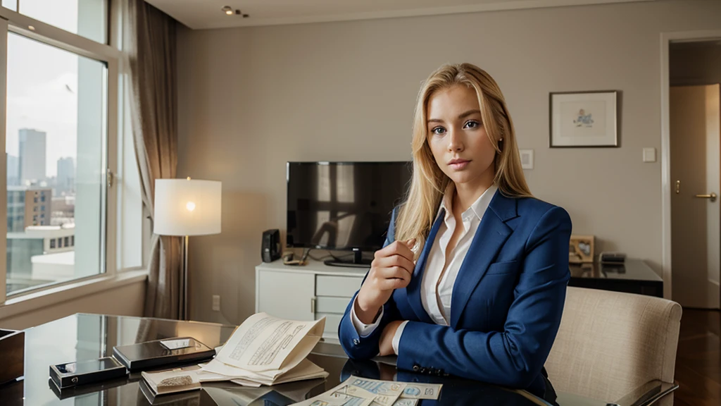 Very attractive blonde woman in an expensive business suit. blue eyes, facing the camera. Counting money. In an expensive apartment.