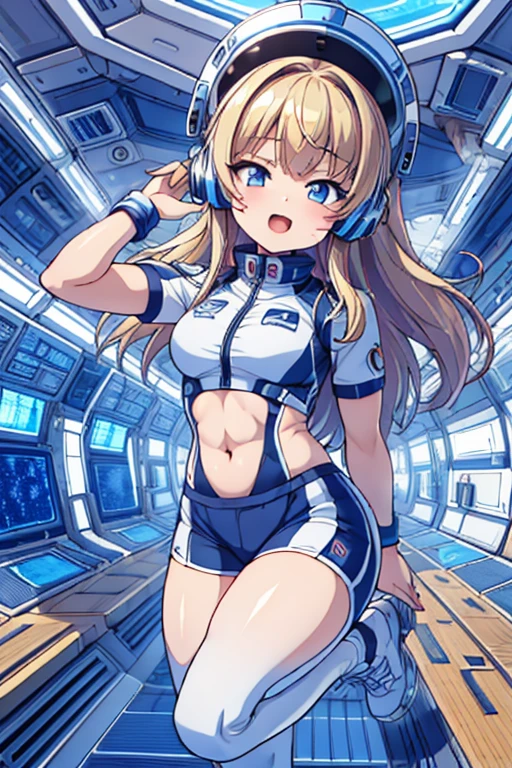 top-quality,Top image quality,in 8K,4K,​masterpiece,ultra-detailliert,Beautiful,ultra-quality, best quality,high resolution, ultra-detailed,game cg,dutch angle,(acrobatic pose):5,jumping:5,(inside spacestation,)beautiful detailed eyes,five fingers,headphone,nsfw,a beauty girl,(astrovest):5,(track uniforms),wet,(steam:1.5),Running form,open open mouth,(blonde hair),(long hair):2,Navel,space_station_interior, exercise_room, futuristic, high_technology, zero_gravity_exercise_equipment, high_resolution_landscape, sleek_design, minimalistic, 8K_resolution, game_cg_style, Dutch_angle, detailed_character, track_uniform, perfect_running_form, intense_expression, detailed_eyes, determination, steam:1.5, beauty, strength, five_fingers, visible_navel, open_mouth, ultra_quality, high_resolution, ultra_detailed,astrovest