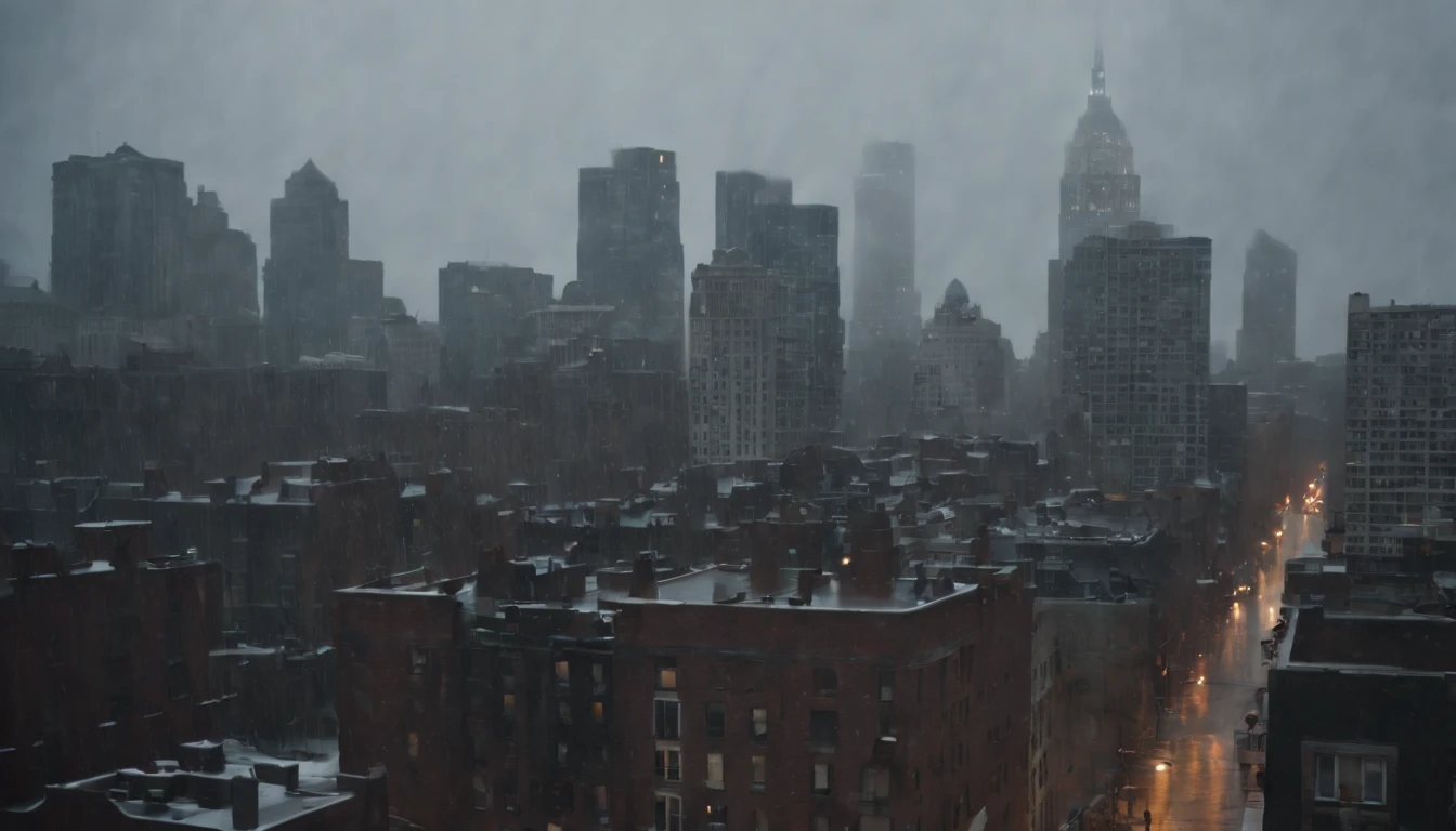 Image of rain falling on the screen with buildings in the background. urban background buildings, parecidos com brooklin, with medium details, visible, num clima de polca neblina.