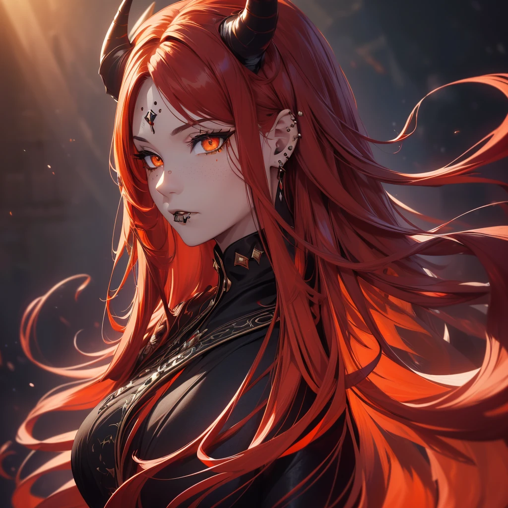 (best quality,4k,highres,masterpiece:1.2),ultra-detailed,realistic:1.37, portraits, (((long flowing red hair))), beautifully fair skin, black outfit, (((piercing orange eyes))), sensual pose, ((subtle black spots, mysterious aura, monochromatic colors)), mature woman, ((black horn))