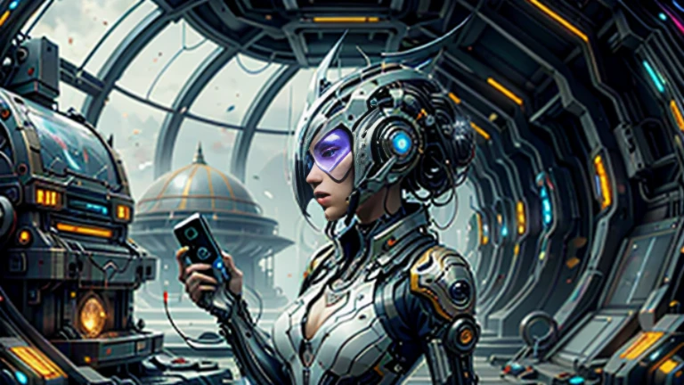 (best quality,4k,8k,highres,masterpiece:1.37), ultra-detailed, (realistic,photorealistic,photo-realistic:1.37), (aerial view), (top down perspective), 1woman, (the foreground is a woman pulling a video game cartridge out of a futuristic artifact box full of video game cartridges:1.6), (the woman is looking down:1.4), (Futuristic artifact box), (the artifact box is open), (The scene unfolds inside a mystical cavern:1.4), robot joints, mecha, fractal_body, (The woman is wearing a biomechanical suit, made with glass details, covering her entire body:1.5), gatchaman, (She has a helmet glass visor:1.4), (dynamic angle:1.37), headgear, mechanical parts, (The woman's headgear is made of fractal mechanical parts:1.4), (fantasy and sci-fi mixed:1.37), holographic glitch effects floats around the woman, vibrant colors, (A blue glow emanates from inside the treasure chest), glowing lights, (abandoned machinery), (there are video game cartridges and consoles on the background), mystical creatures, (there are crystal formations spreading on the background), (futuristic technology), (ancient artifacts), mystical energy, vibrant retro aesthetic, atmospheric lighting, ancient ruins, mysterious symbols, lush vegetation, nostalgic atmosphere, epic adventure