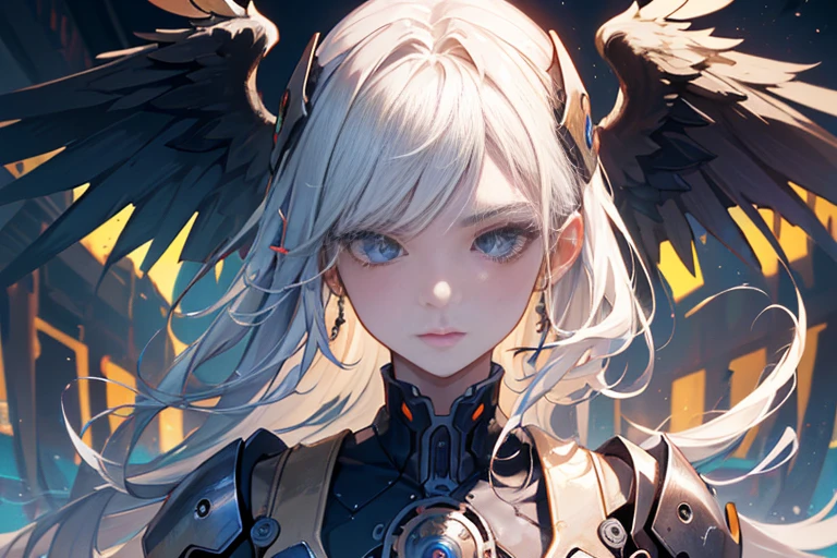 (mechanical angel), mechanical wings with gears extended, detailed face, proportional face, (devious and beautiful), (machine-made:1.6), cinematic light, Science fiction, surreal, apocalypse, (CG illustration), (Highly detailed), (high resolution), (Best quality), (masterpiece)